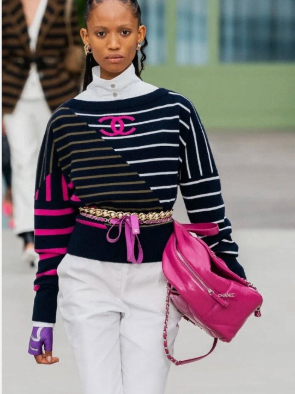 Chanel 2020 Cruise Runway 100% Cashmere Striped Navy Pink Sweater Look 10 Sz 38